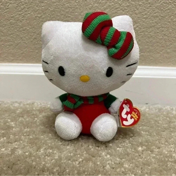 Ty Beanie Baby Hello Kitty RED OUTFIT Winter Red & Green Christmas Scarf 6" - Picture 1 of 9